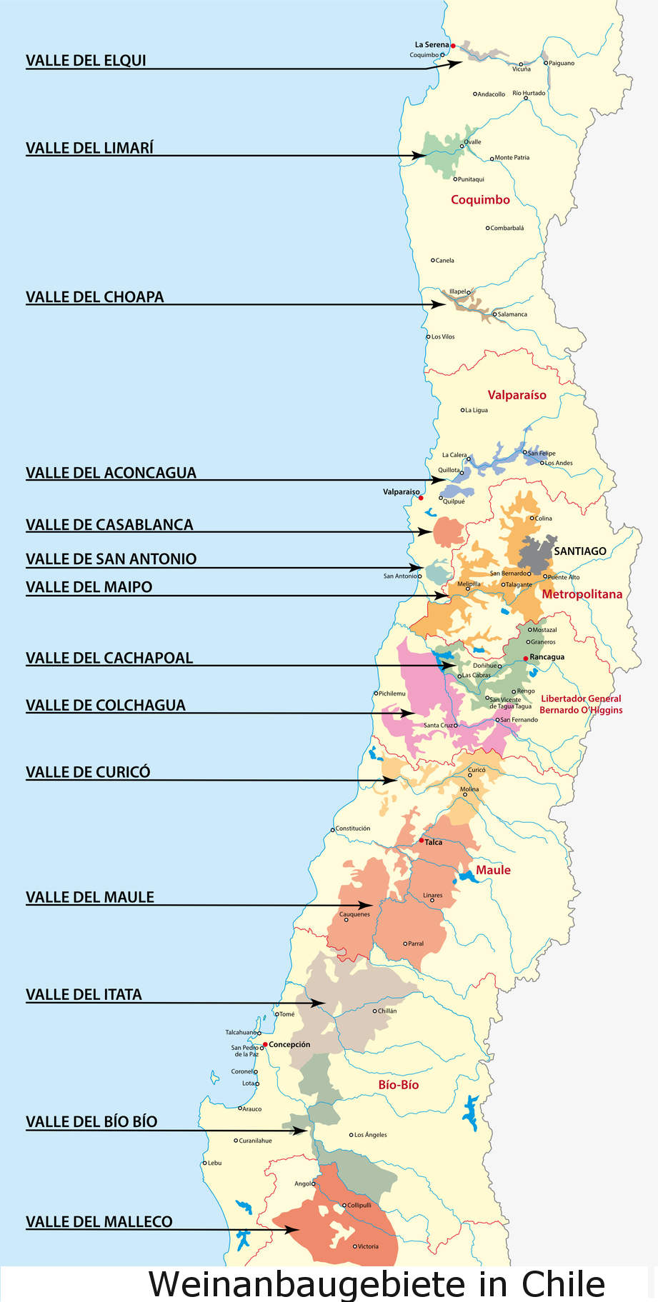 Karte Weinanbaugebiete in Chile
