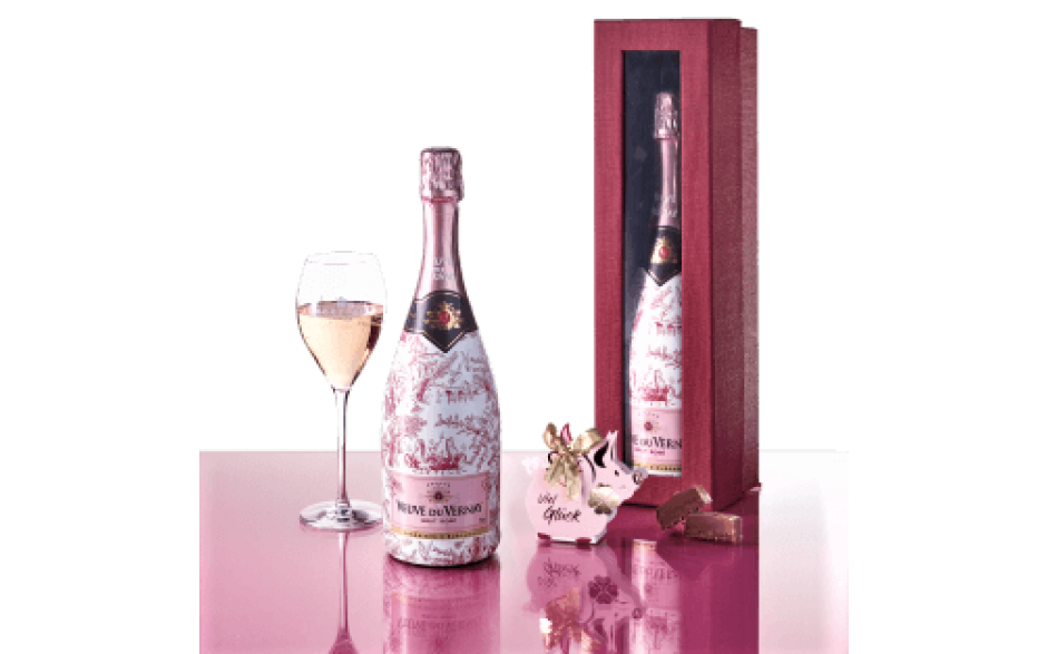 Veuve du Vernay Rosé Brut & Glücksschweinchen und Nougatpraliné